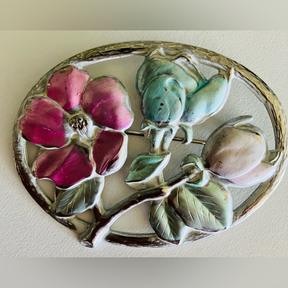 Vintage Silver Brooch with Enamel hand painted Floral with Pink/Blue, Green